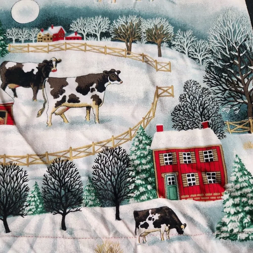 Handmade Christmas Quilt Snowy Farmhouse Red Barn Church Steeple Cows 77x66